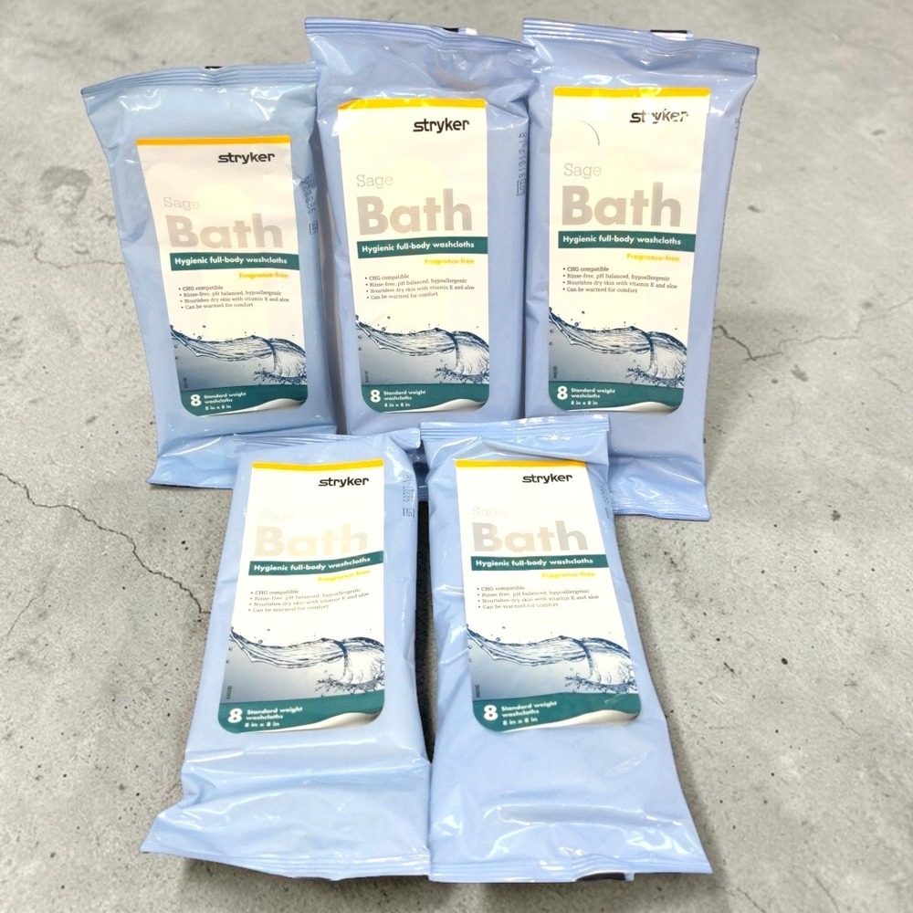 Stryker Sage Bath Hygienic Full-Body Washcloths 5-Pack 7991 Fragrance-Free Wipes